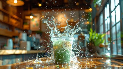   A glass holding a green smoothie, topped with a splash of water cascading from the shaker