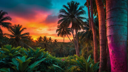 A tropical abstract light effect texture featuring vibrant hues of mango orange, turquoise, and fuchsia pink, reminiscent of a tropical paradise at twilight. - obrazy, fototapety, plakaty