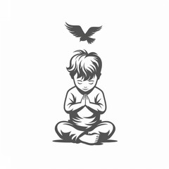 Illustration of a little boy who prays, asks for forgiveness, Christianity, Jesus Christ, next to doves birds of peace
