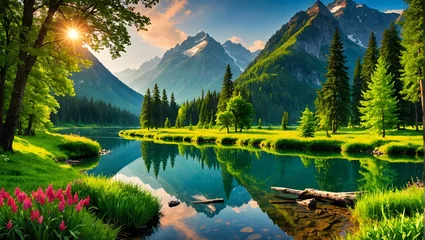  Realistic vector image of the mountain landscape and a river across the green fields © Ehtasham