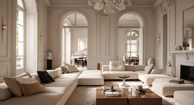 beautiful living room design with luxurious pieces of furniture, light tones, no leather and white walls 