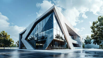 The exterior of the building, made with glass, concrete and steel, reflects modern trends in...