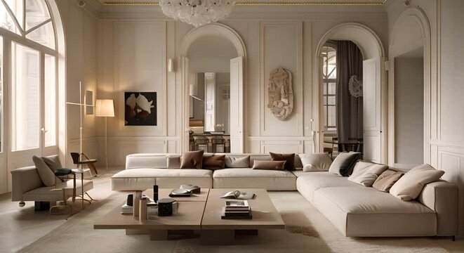 beautiful living room design with luxurious pieces of furniture, light tones, no leather and white walls 