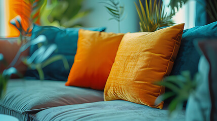 Detail shot of a decorative throw pillow arrangement on a sofa, modern interior design, scandinavian style hyperrealistic photography