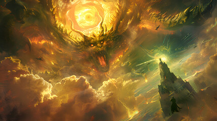 illustration of a big dragon fight for a book cover with a copy space background
