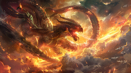 illustration of a big dragon fight for a book cover with a copy space background