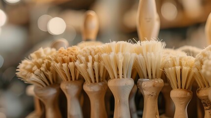 Obraz na płótnie Canvas Close-up of eco-friendly dish brushes, their bristles a testament to innovative recycled materials