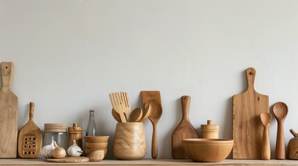 A serene display of wooden kitchen tools, embodying eco-friendly simplicity in design - obrazy, fototapety, plakaty