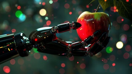 A robotic arm delicately selects a ripe apple, illuminated by multicolored sensor lights - obrazy, fototapety, plakaty