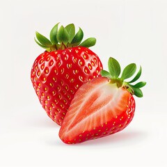 Isolated on a white backdrop are halves and whole berries of red, juicy strawberries, perfect for food or health-related concepts