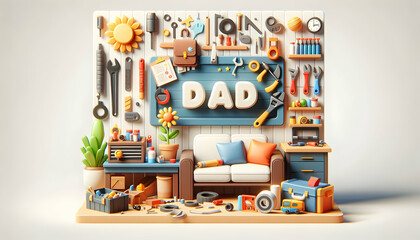 Father's Day 3D Icon: Dad's Workshop - A Cozy Scene of Tools Representing a Dad's Handy Skills, Poster with Isolated White Background
