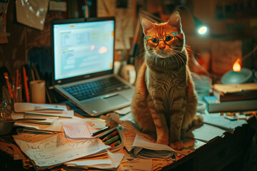  The red cat sitting with the laptop wearing the glasses - 783882009