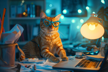  The red cat sitting with the laptop wearing the glasses, looking into laptope - 783882015