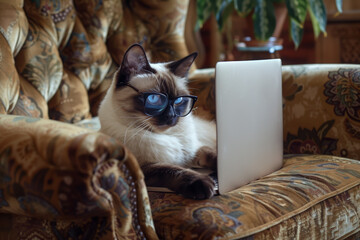 A sophisticated Siamese cat with striking blue eyes, sitting with the laptop wearing the glasses, looking into laptop - 783882021