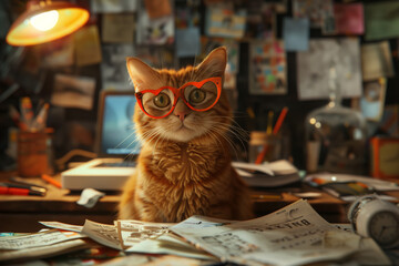  The red cat wearing the glasses, looking into laptop - 783882032