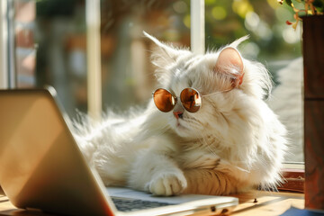  The cat sitting with the laptop wearing the glasses, looking into laptop - 783882050