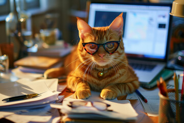  The red cat sitting with the laptop wearing the glasses - 783882065