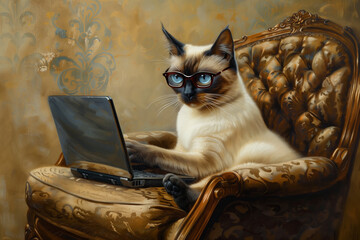 A sophisticated Siamese cat with striking blue eyes, sitting with the laptop wearing the glasses, looking into laptop - 783882066