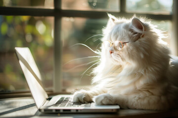  The cat sitting with the laptop wearing the glasses, looking into laptop - 783882078