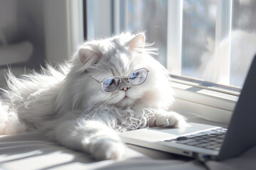  The cat sitting with the laptop wearing the glasses, looking into laptop - 783882088