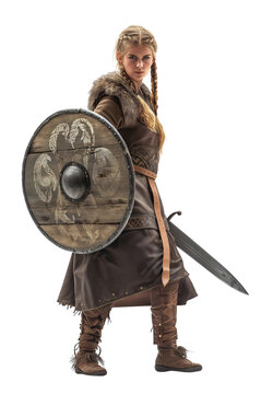 Woman viking shield maiden on isolated background