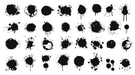 Set of abstract black ink splashes and blots on a white background. Vector collection of black paint splatters, grunge artistic effect. Ink stains and blotches textures - obrazy, fototapety, plakaty