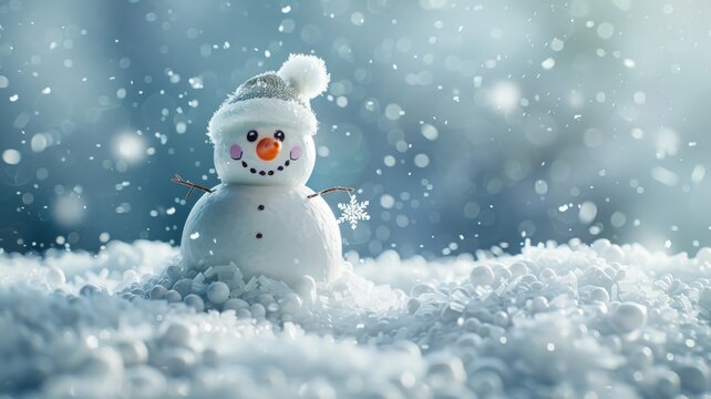 White Snowflake falls on a white snowman. Shows winter .