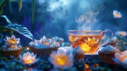 steaming cup of tea brewed with luminous moonflowers, emitting a soft, ethereal glow and surrounded by delicate pastries shaped like mythical creatures. 
