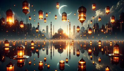 Exquisite Photo of Lanterns Reflecting on Water, Symbolizing Guidance and Reflection in Islamic New Year Day Posters - obrazy, fototapety, plakaty