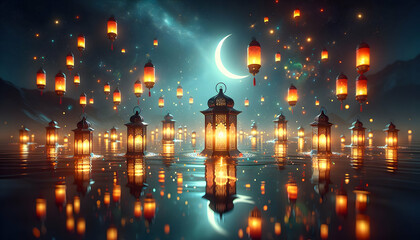 Ultra Realistic Lanterns Floating on Water, Symbolizing Guidance and Reflection for Islamic New Year Day Posters - obrazy, fototapety, plakaty