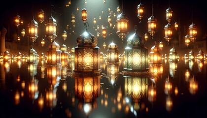 Photo ultra realistic Lanterns of Reflection: Lanterns Floating on Water, Symbolizing Guidance and Reflection for the Islamic New Year Day Posters