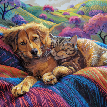 Golden retriever and grey tabby cat showing affection while lying on a colorful blanket