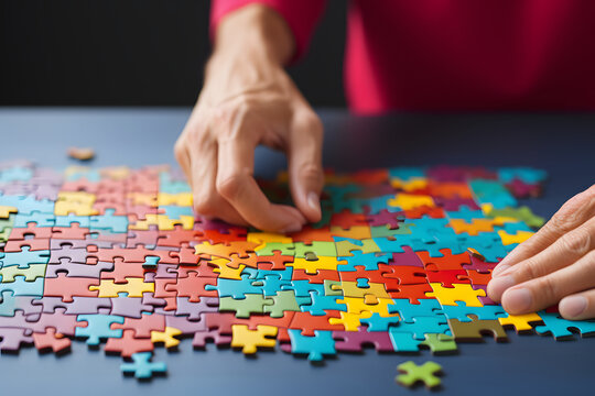 Hand placing a part of  colorful jigsaw puzzle