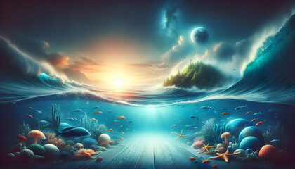 Fototapeta na wymiar Protecting Marine Life: A Serene, Ultra-Realistic Ocean Whisper Captured in an Earth Day-Themed Poster