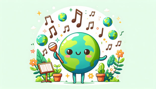 Harmony of Earth: Musical Notes and Nature in a Flat Vector Illustration for Earth Day Poster