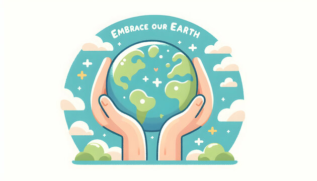 Simple flat vector illustration of hands embracing the Earth, symbolizing care and protection. Earth Day poster with isolated white background