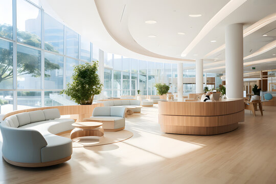 Interior shot of a modern lobby showcase.