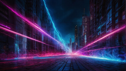 An electrifying abstract light effect texture with vibrant hues of neon blue, hot pink, and electric purple, evoking the energy of a futuristic cityscape.