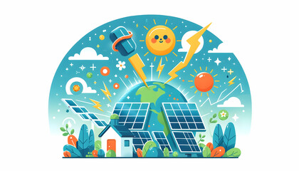 Solar Power Surge: A Vibrant Poster Illustration Showcasing the Energy and Potential of Solar Power for Earth Day, with Simple Flat Vector Design on Isolated White Background