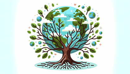 Poster Earth Day: Simple Flat Vector Illustration of Tree of Life with Earth-shaped Branches and Roots on Isolated White Background