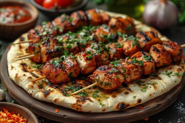 Fried meat, shish kebab on a grill on a skewer, a tasty but not healthy delicacy, with grilled vegetables and pita bread from the oven, pork steak