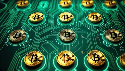 Gleaming Bitcoins laid on a circuit board pattern, symbolizing digital cryptocurrency technology.