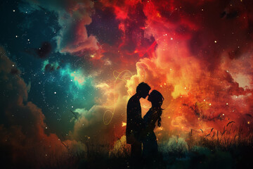 A couple is kissing in the sky with a colorful background - obrazy, fototapety, plakaty