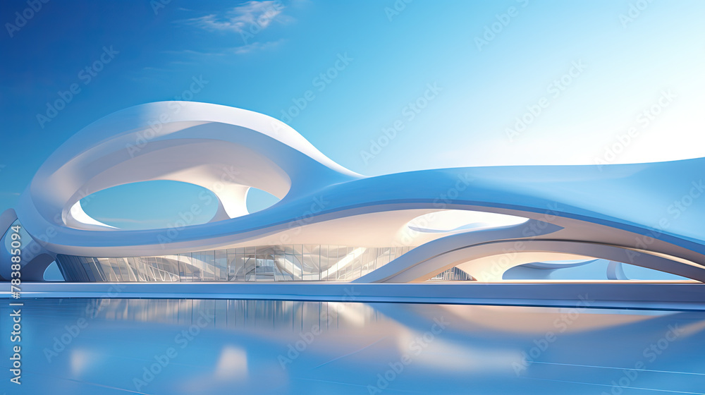 Aufkleber Abstract architecture scene with smooth curves. Abstract background with futuristic building in white and blue colors.