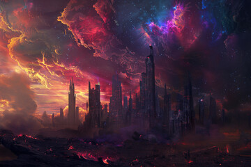 Obraz premium A colorful cityscape with a purple sky and a purple and orange sunset