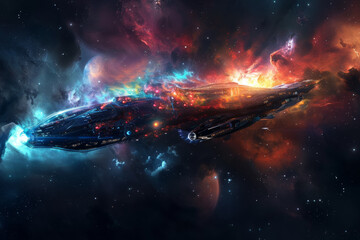 A colorful space ship is flying through a galaxy of stars and nebulae - obrazy, fototapety, plakaty