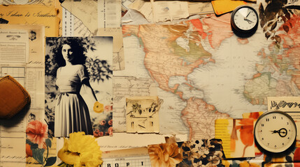 mood board collage in travel begins now style, retro style,scraps of paper.different prints of paper. Inscriptions of the summer of the country
