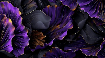 Abstract wavy 3D floral, purple and gold on black, overhead lighting, intricate detail - obrazy, fototapety, plakaty