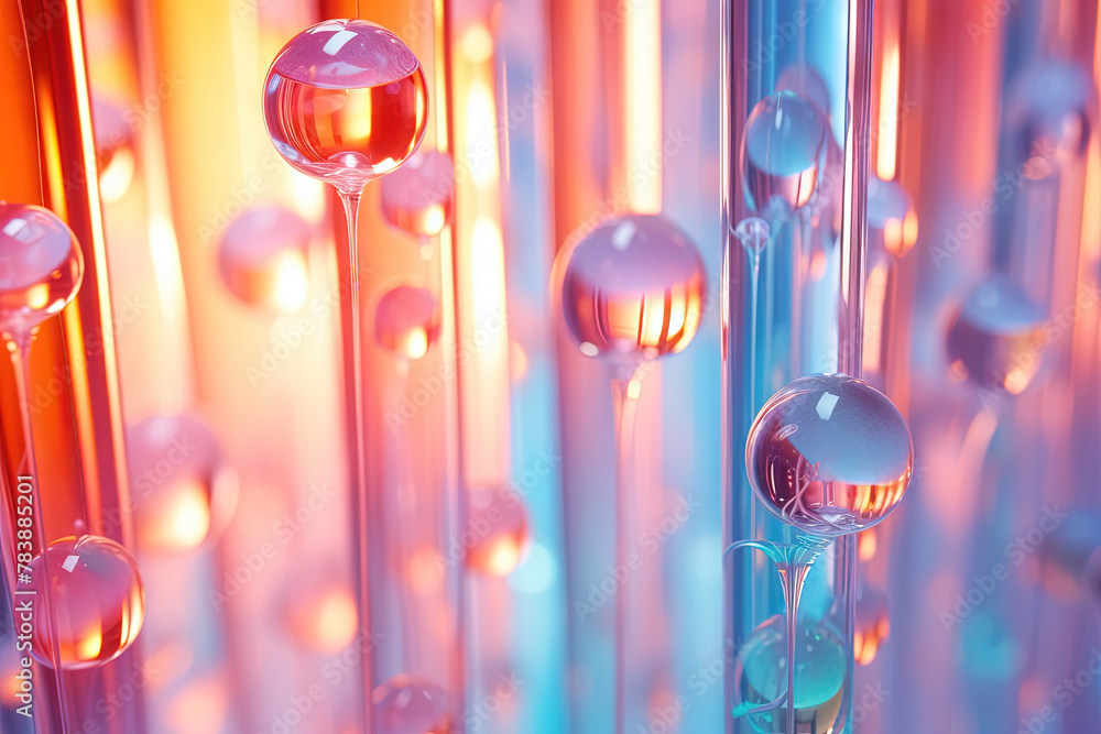 Poster Pink holographic bubbles floating on the soft colorful abstract background in beautiful vivid tones.