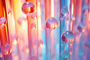 Pink holographic bubbles floating on the soft colorful abstract background in beautiful vivid tones.